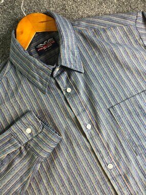 Vintage American Collection Shirt Mens Large Blue Striped Paper Thing Made USA
